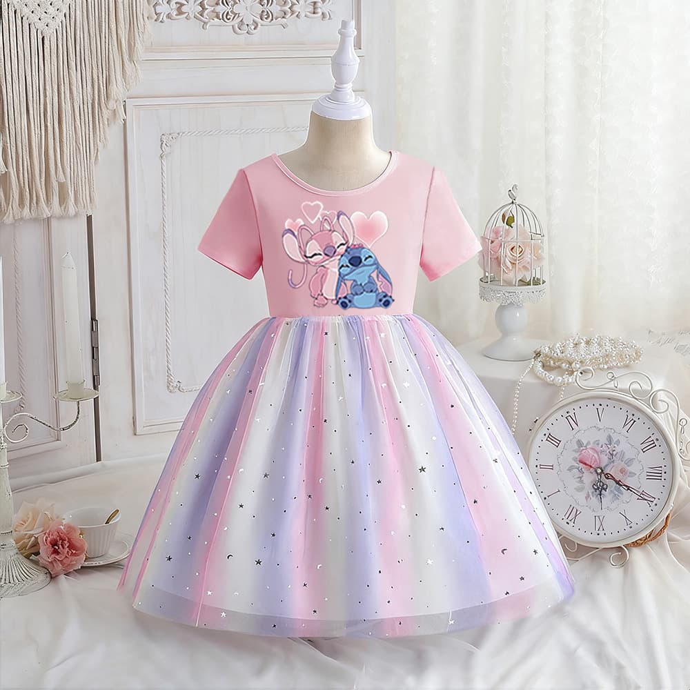 Girls Summer Short-Sleeve Tutu Dress Kids Rainbow Princess Dress Children's Fashion Skirt
