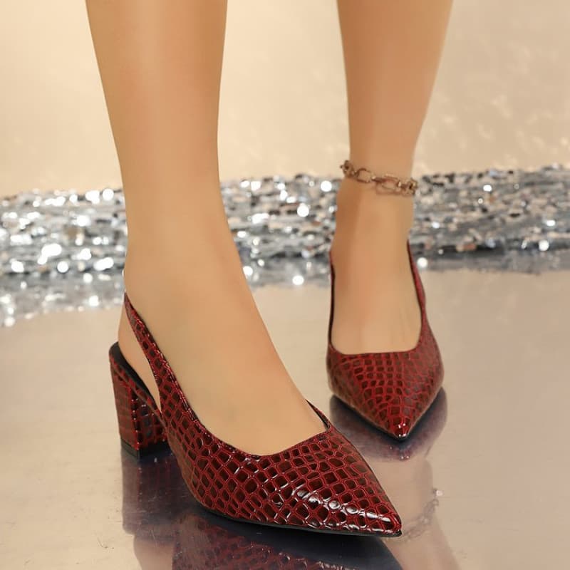 Women's Burgundy Croco-Embossed Patent Leather Strap-Back Single Shoes, Pointed-Toe Chunky Heel Open-Back Sandals, Party & Office Versatile Women