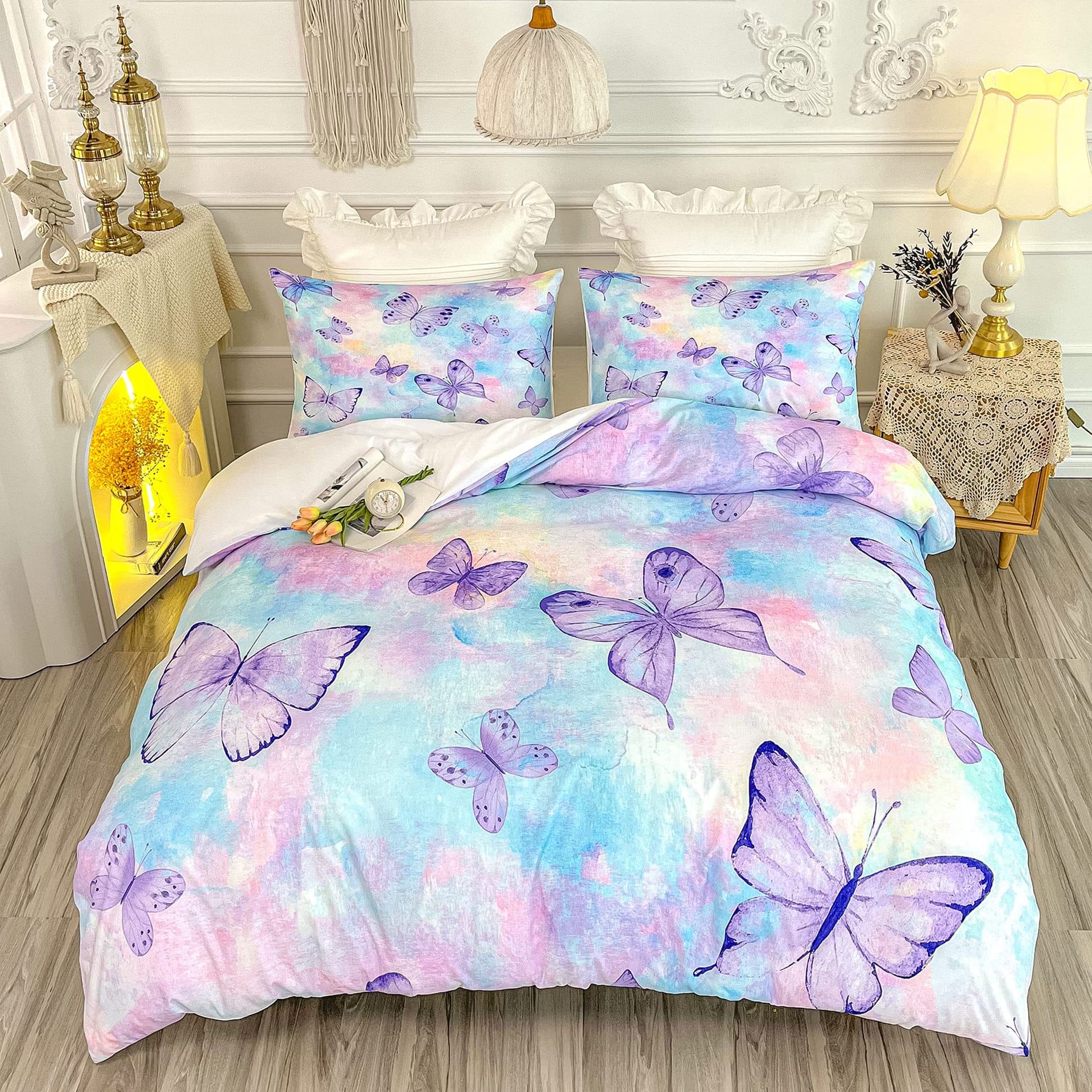 Purple Butterfly Dream Rainbow Digital Print Bed Sheet Set - Cross-Border Home Textiles