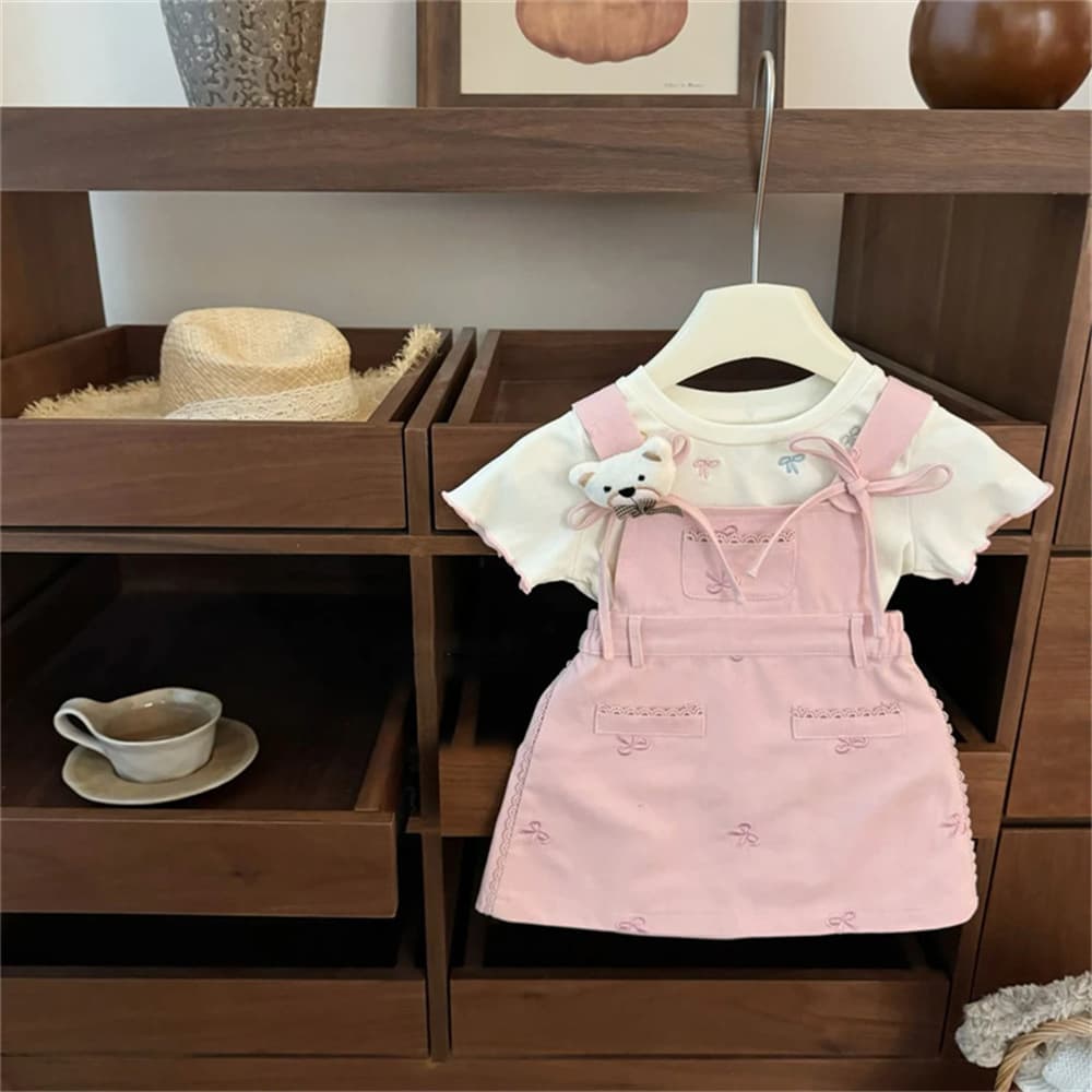 Tian Xiaosi's new summer cherry blossom pink! Baby girl's sweet and cool white pink bow suspender skirt T-shirt suit