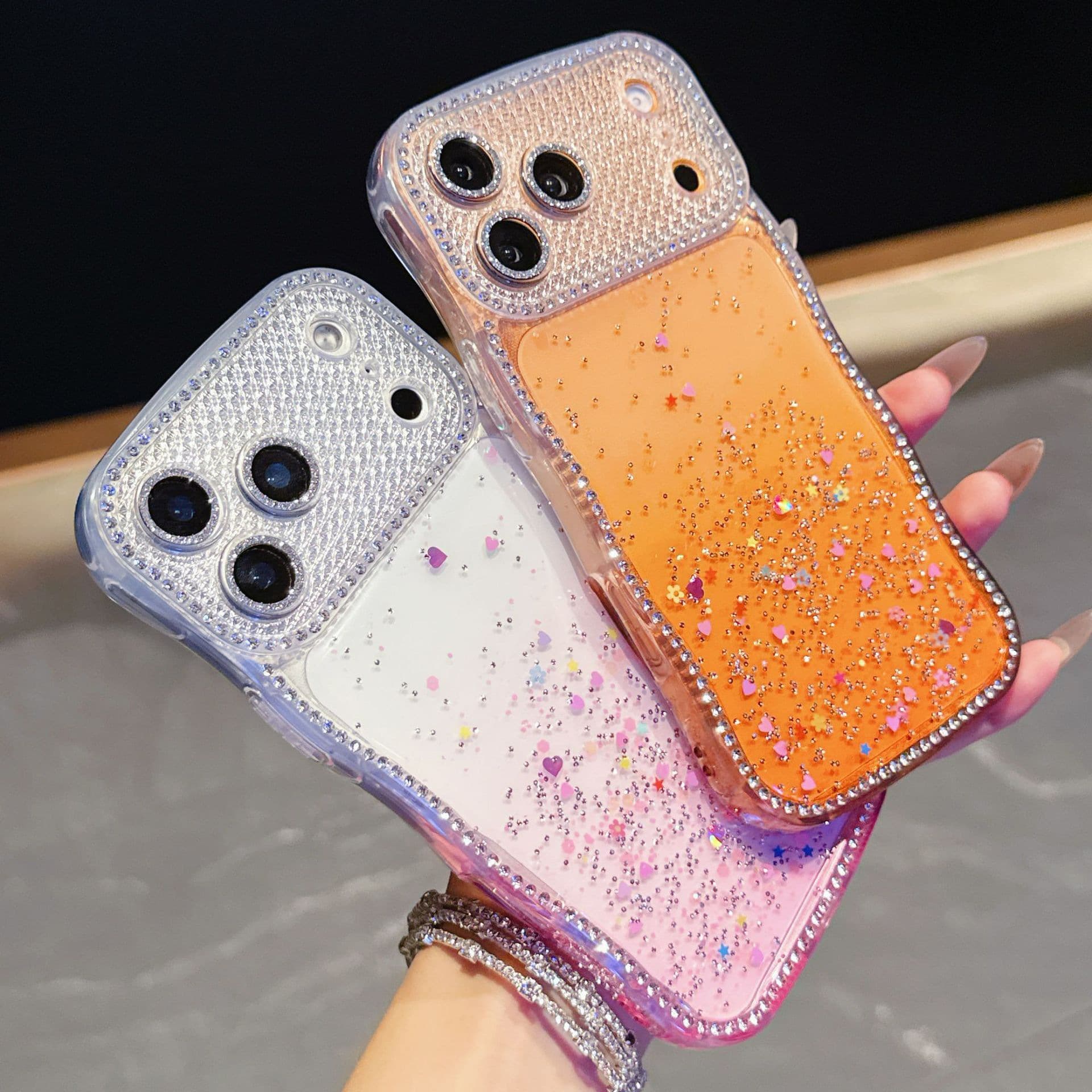 Edge diamond wave glue love glitter iPhone17promax mobile phone case suitable for Apple 16 gradient transparent color 15