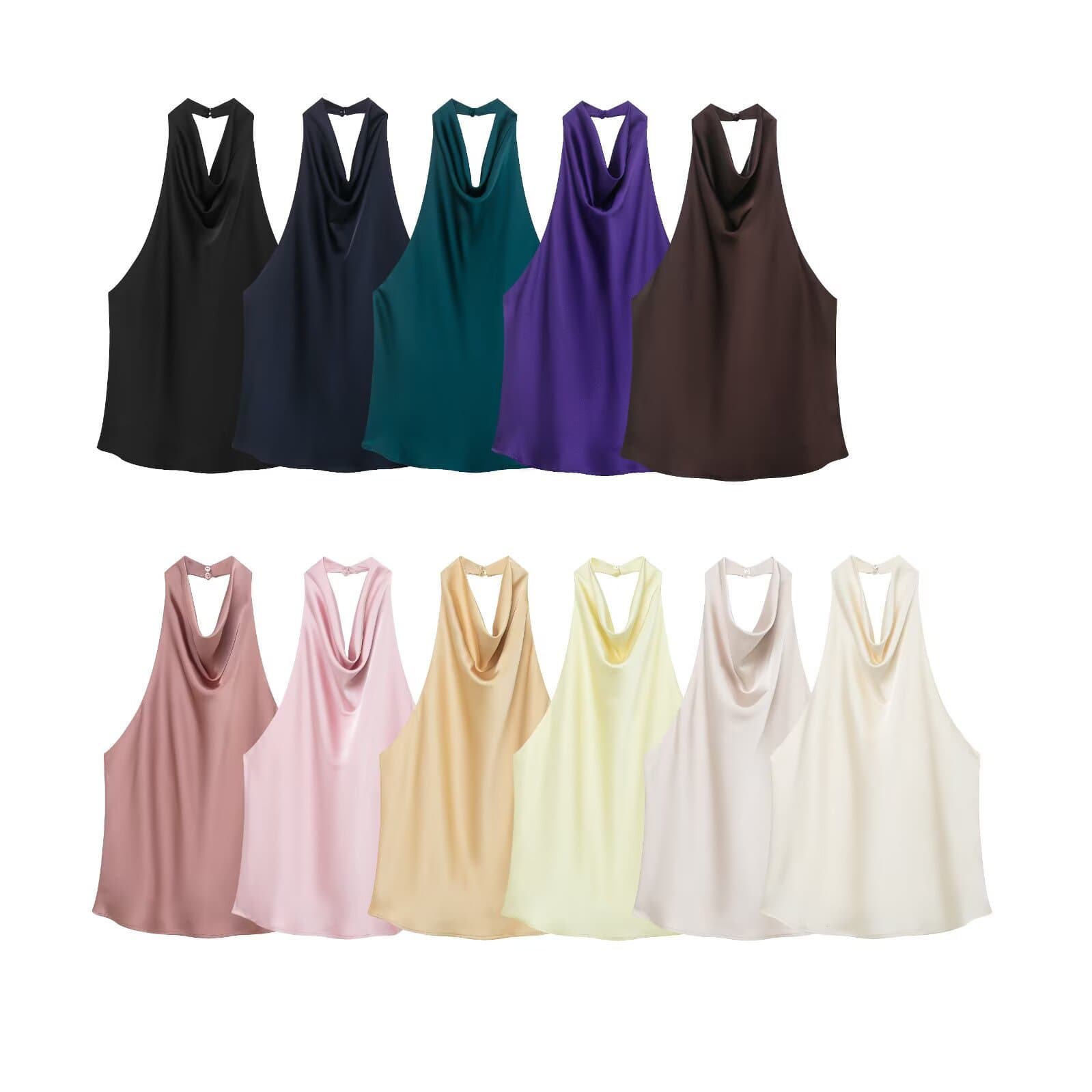 Cross-border foreign trade 2026 European and American style women's fashionable temperament slim sexy backless silk satin texture halter neck top