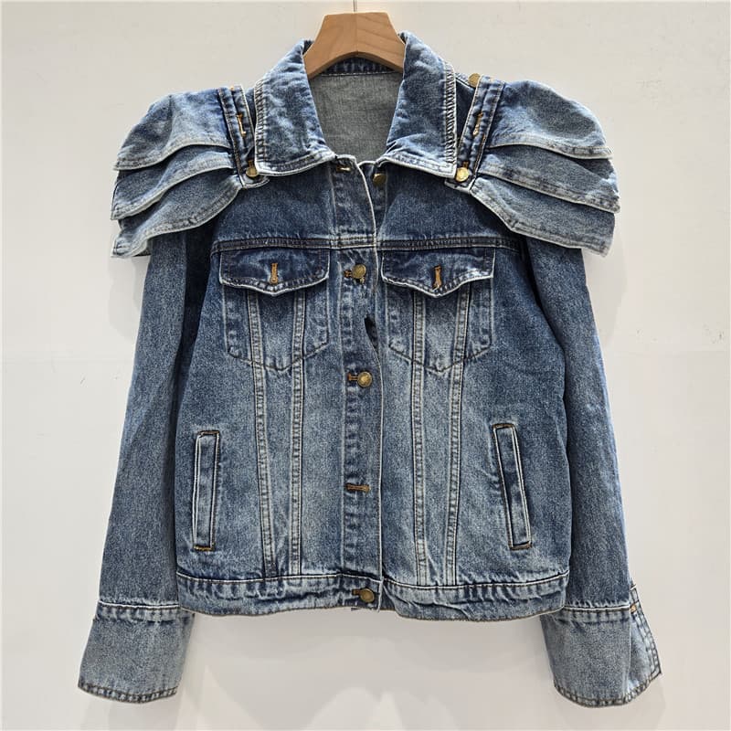 Retro Distressed Detachable Shoulder Pads Denim Jacket Women's Korean Style Fashion Simple Versatile Slimming Short Jacket Top