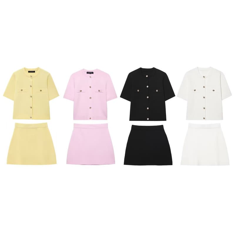Wholesale Women's Fashion 2025 Summer New Chanel-Style Knit Set Short-Sleeve Knit Top + Pencil Skirt Set