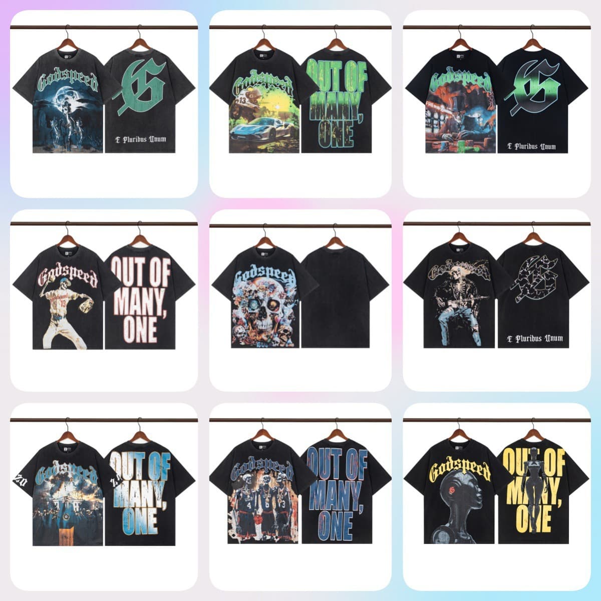 New American Streetwear Godspeed Skull Rock Band Basketball Washed Black T-Shirt for Men and Women