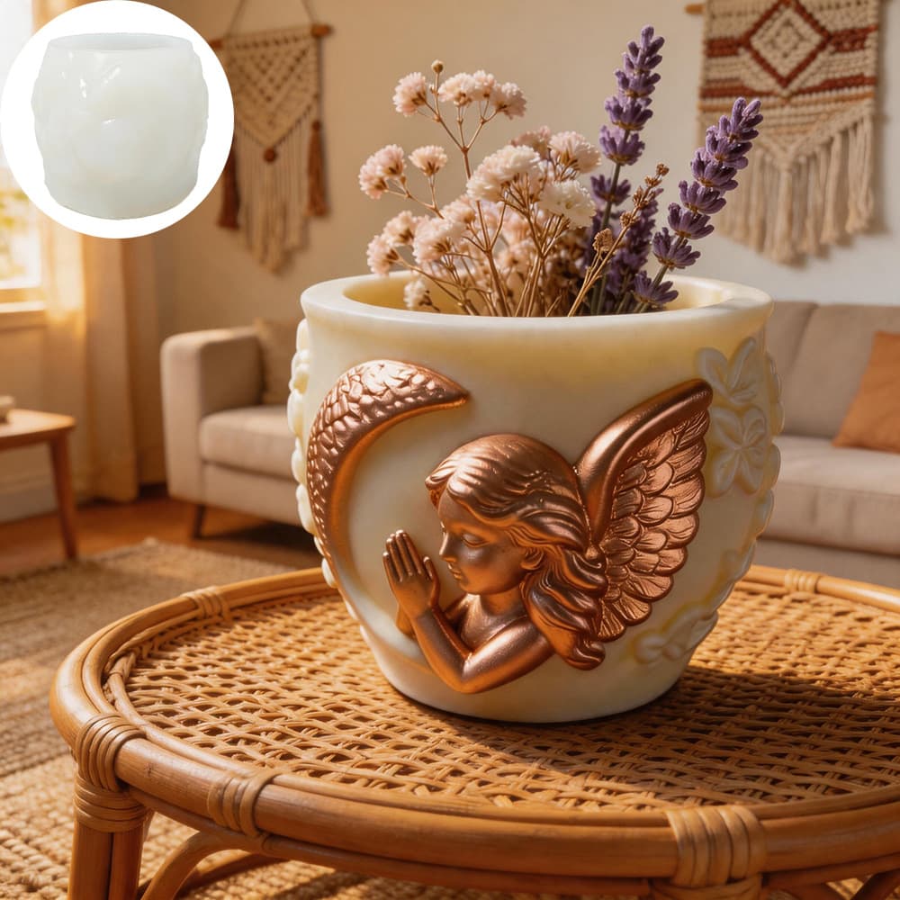 Quanmingxiang Relief Angel Moon Succulent Pot Silicone Mold DIY Plaster Concrete Home Decoration Ornament