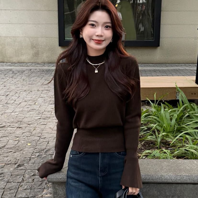 [Andy Velvet Washed] Korean style half turtleneck bell sleeve knitted sweater for women in winter with waist slimming and long sleeve bottoming