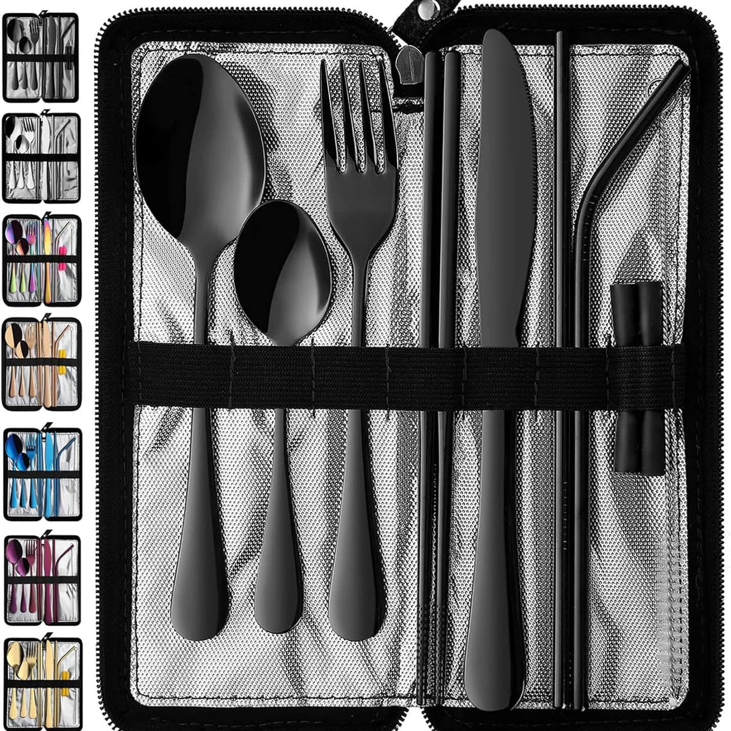 Stainless Steel Portable Cutlery Set for Amazon Outdoor Travel Picnic Knife Fork Spoon Chopsticks Straw Storage Bag