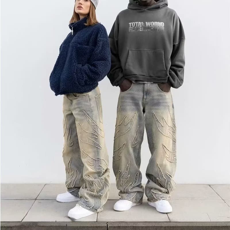 American Harajuku Retro Bat Pattern Embroidered Loose Jeans for Men Street Style Casual Denim Pants