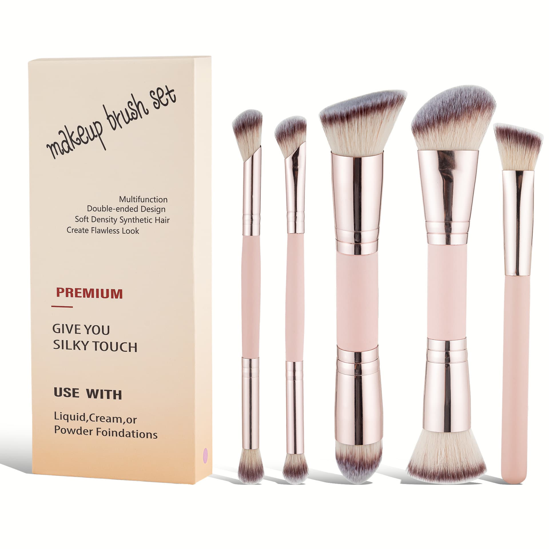 5-Piece Dual-Ended Professional Face Makeup Brush Set - Soft Foundation Brush, Powder Brush, Blush Brush, Multi-Purpose Brush