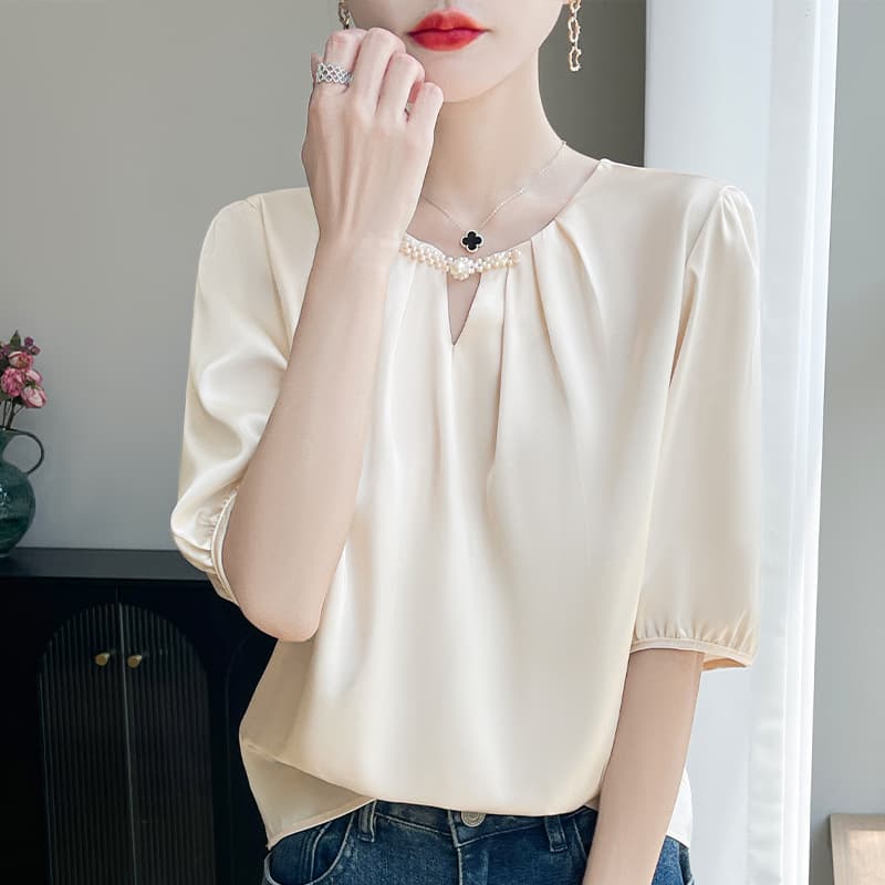 New Chinese-style Patchwork Satin Elbow Sleeve Women's 2025 Summer New National Style Button Loose Short Sleeve T-shirt Wholesale