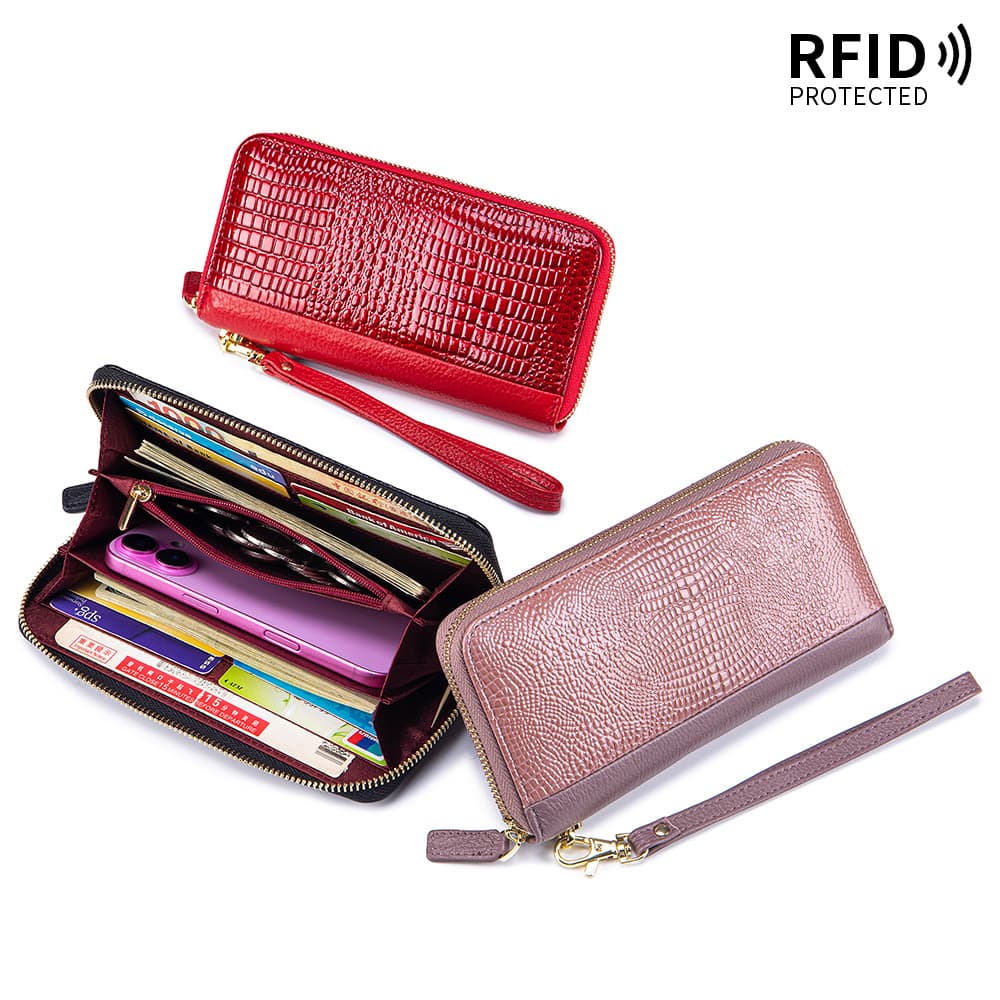 New women's genuine leather long wallet, fashionable crocodile pattern classic mobile phone bag, patent leather simple clutch bag, large capacity