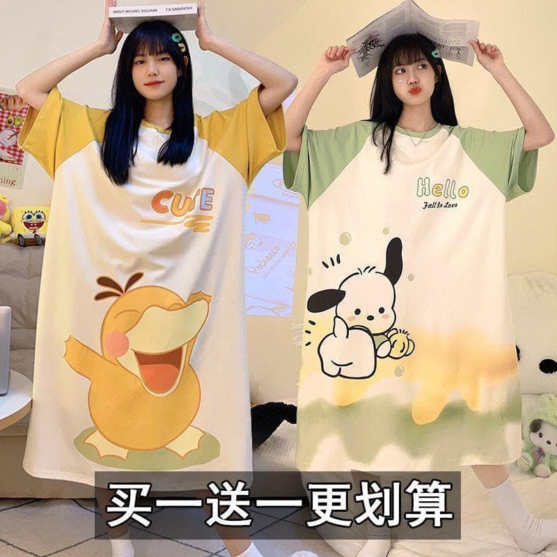 Buy One Get One Free Pajamas Nightgown Women Summer New Sweet Cartoon Student Cute Loose Plus Size Short Sleeve Homewear