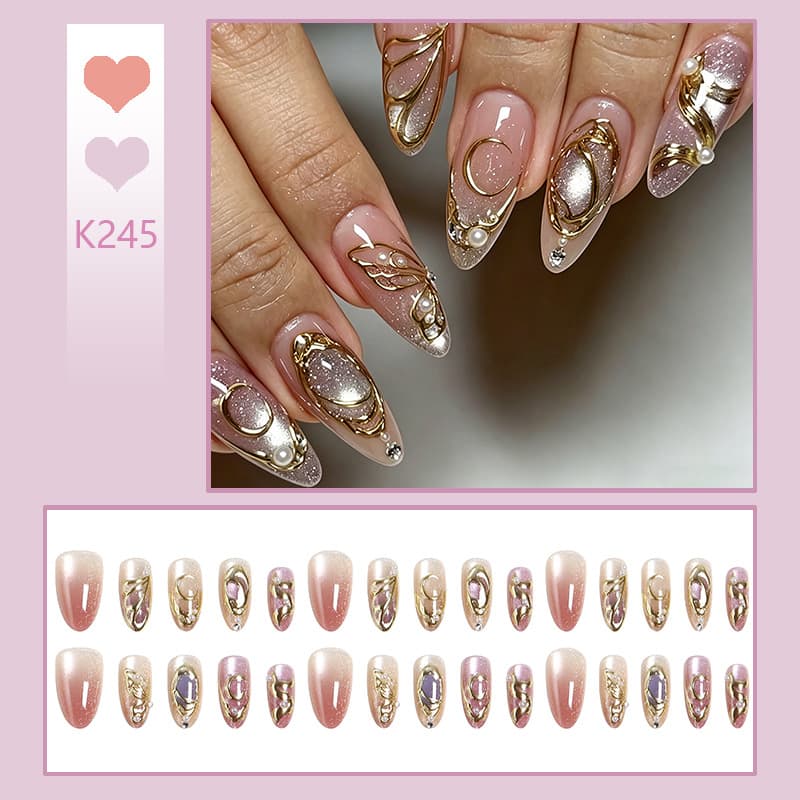 Cross-border Gold Nail Art Wearable Nails Luxury High-End Almond Blush Nails 30 Pieces Finished False Nails Wholesale
