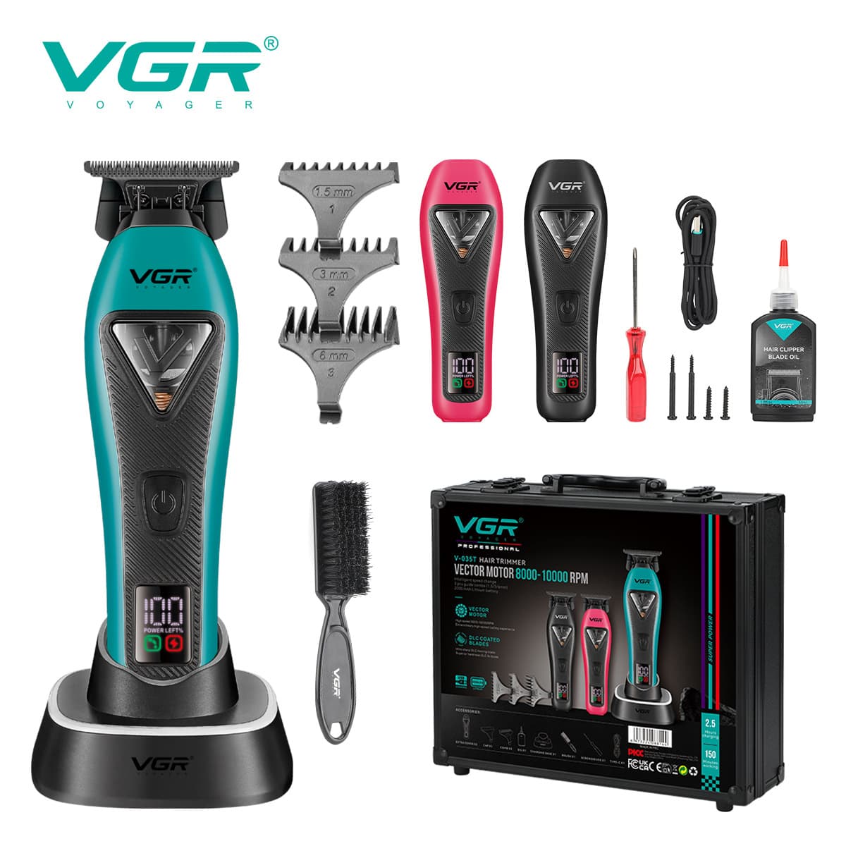 VGR035T Cross-Border New Professional Digital Display Electric Clipper High-Speed Carving Scissors Carrying Case Base Model Hair Trimmer