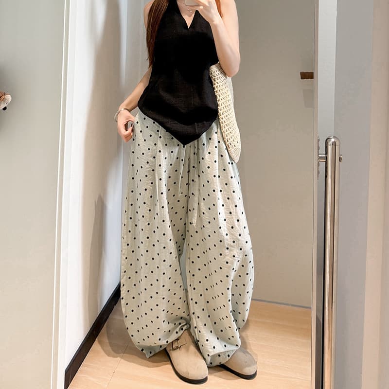 Polka Dot Print Casual Linen Pants for Women Summer Thin Large Size High Waist Loose Fit Slimming Elastic Waist Wide Leg Curved Knife Pants