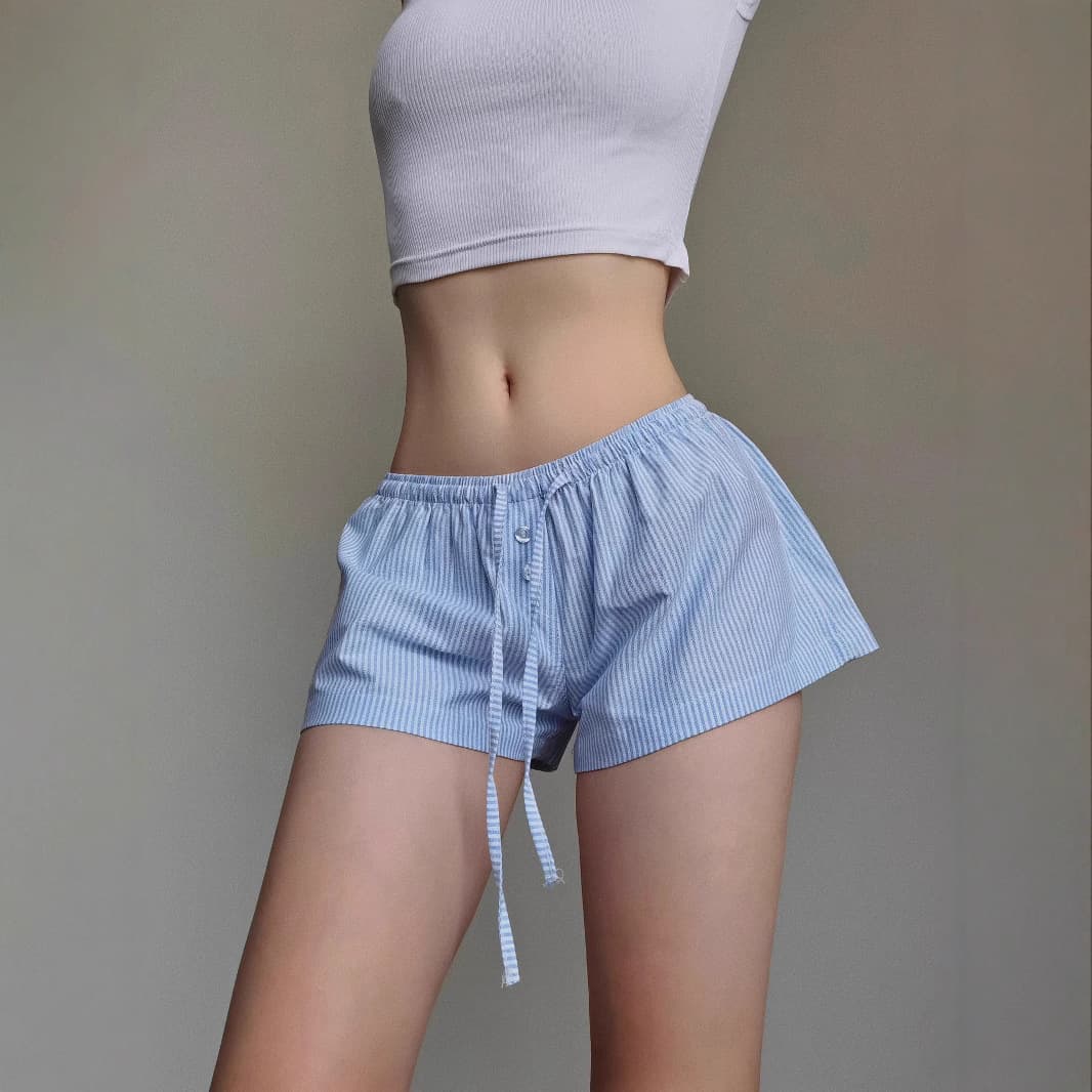 Women's Stripe Tie Waist Short Pants Button Cord Low Waist Slimming Leg Lengthening Loose Casual Beach Trousers