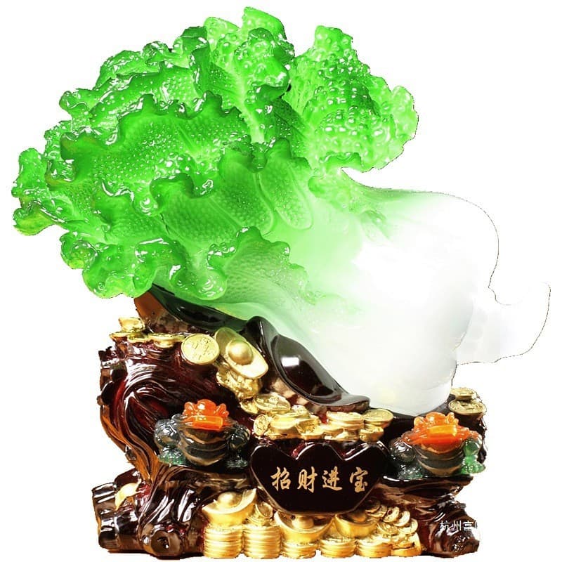 Large Jadeite Cabbage with Golden Toad Ornament for Living Room, Bar Cabinet, or Shop, Business Opening Gift