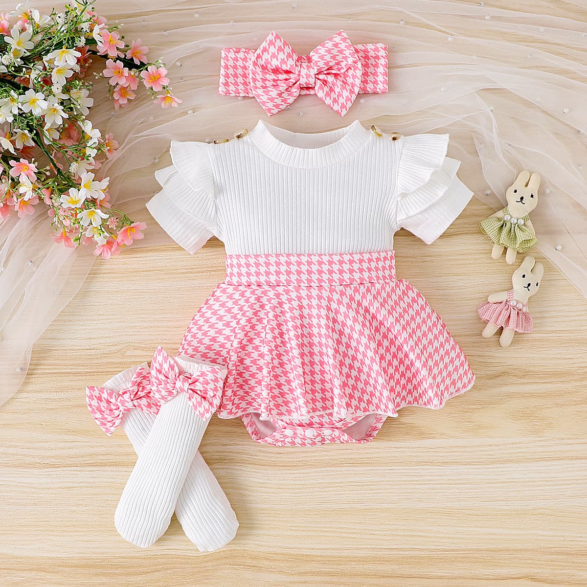European and American Style Girls Toddler Houndstooth Patchwork Flutter Sleeve Dress Set with Cute Bow Headband Two-Piece Set