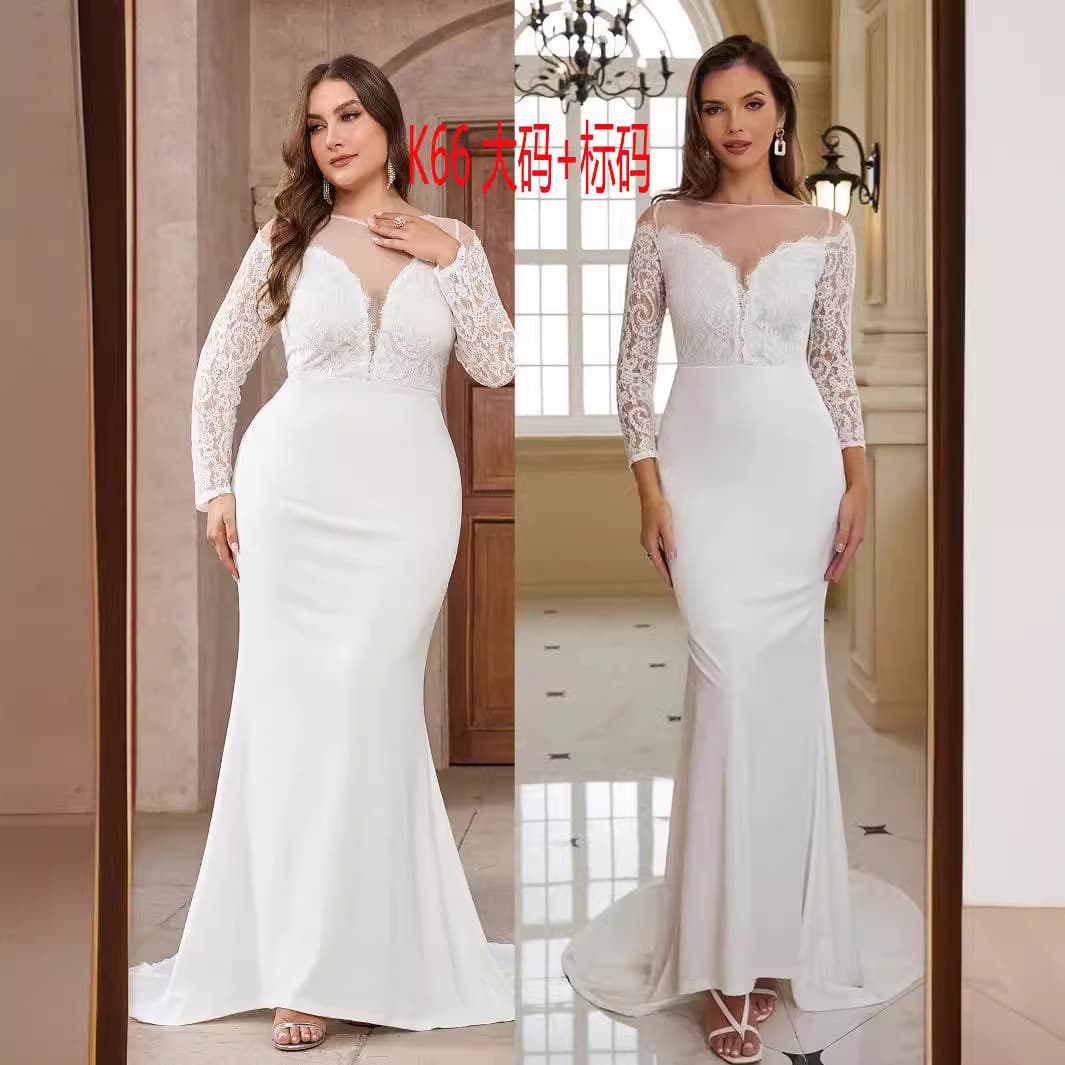 Plus Size Standard Size Dress European and American Style Long Sleeve Lace Train White Wedding Banquet Long Dress Autumn and Winter