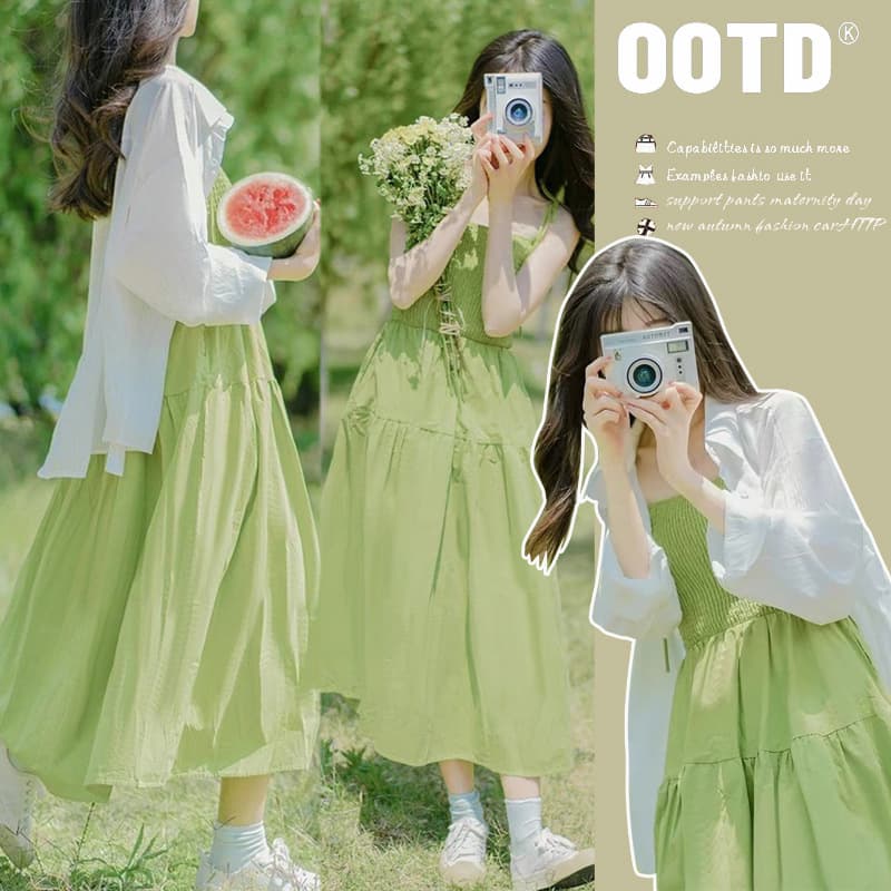 In Stock: New Spring/Summer Style Fresh and Simple Maternity Dress with Suspenders + Sun Protection Shirt Casual Maternity Two-Piece Set