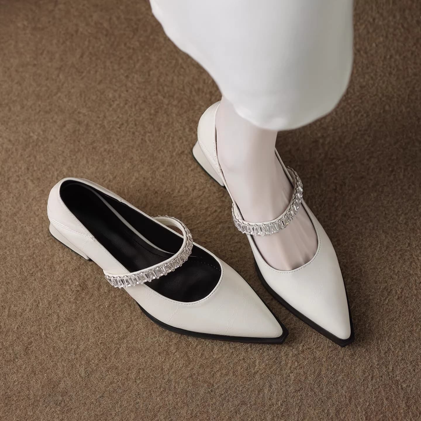 French Chunky Heel High Heel Silver Pointed Toe Flats for Women, 2026 New Summer Mid Heel Mary Jane Leather Shoes for Dresses