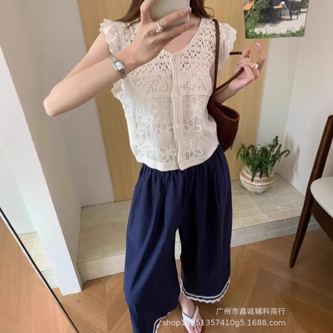 French Lace Patchwork Flutter Sleeve V-Neck Knit Top for Women, Layered Hook Flower Hollow Vest Cardigan Summer