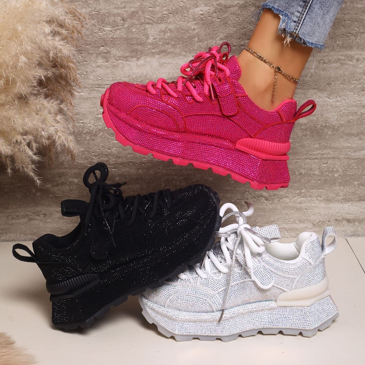 European Goods Full Rhinestone Thick Sole Street Style Dad Shoes Women 2025 Ins Trendy Foreign Style Casual Shoes Hong Kong Style High-End Feel