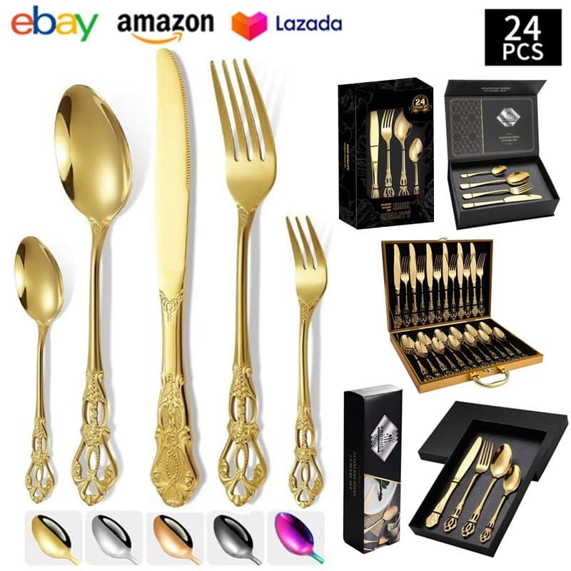 Cross-border Amazon Imperial Court Stainless Steel Knife, Fork and Spoon Western Food Hotel Steak Knife and Fork Tableware 24-piece Gift Box Set