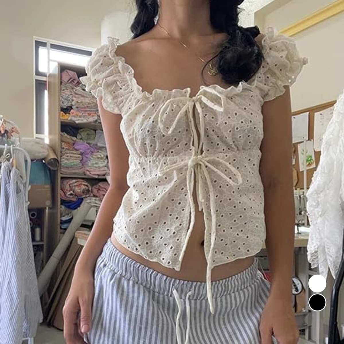 European and American Lace-up Hot Girl Crop Top Lace Trim American Style Vest Ruffled Youthful Top