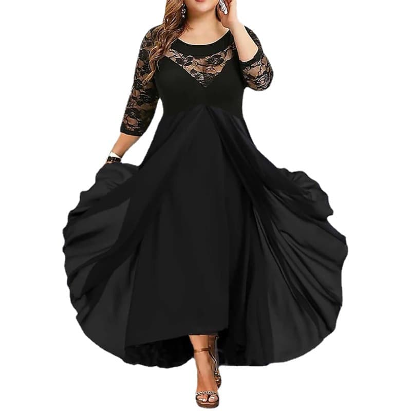 2023 Summer Plus Size Lace Patchwork Hollow Sexy Party Long Dress Black Flared Chiffon Dress