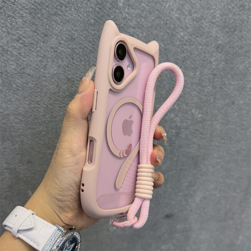 Compatible with iPhone 17 PRO Cat Ear Magnetic Phone Case with Lanyard, Transparent Shockproof Case for Apple 16E, Protective Cover for 15