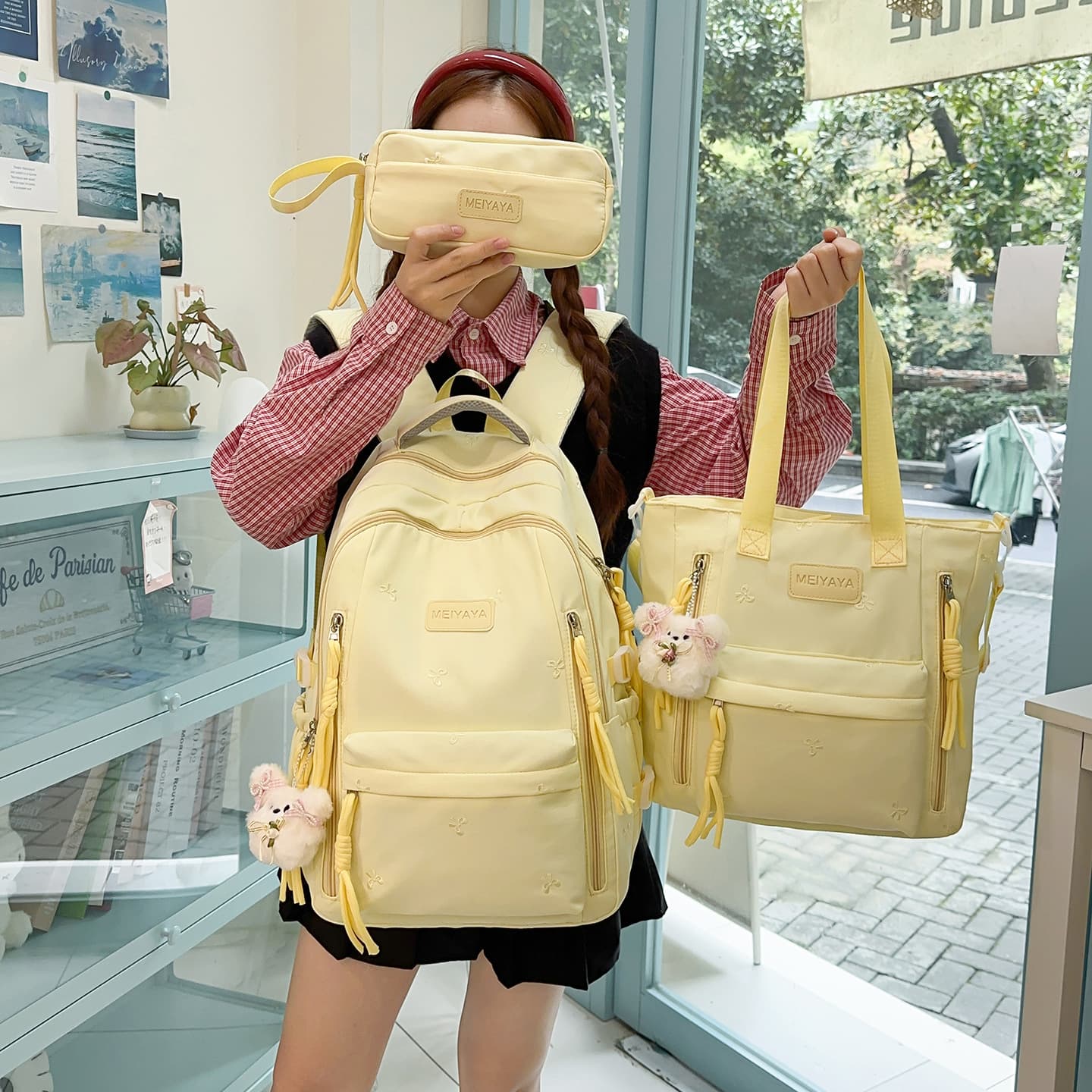 Minimalist Backpack for Girls Junior High School Students Fresh Cute Large Capacity Backpack College High School Students 3-Piece Set