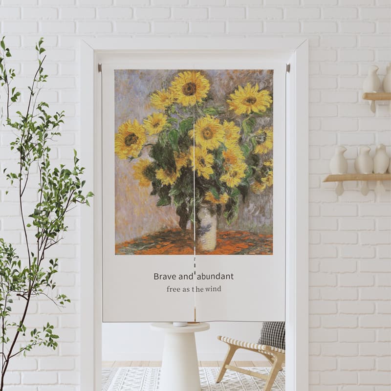 Oil Painting Sunflower Linen-Look Door Curtain Room Divider No-Drill Curtain Half Curtain for Kitchen Bedroom Living Room