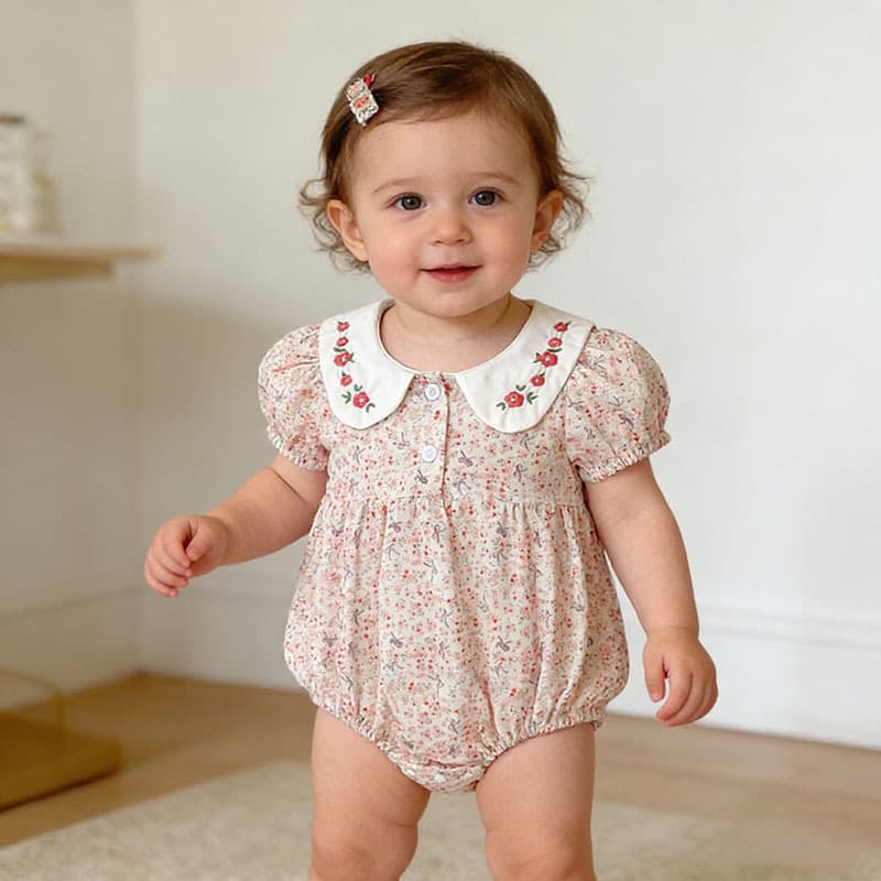 Newborn Summer Romper New Embroidered Collar Floral Short Sleeve Baby Girl Bodysuit Onesie