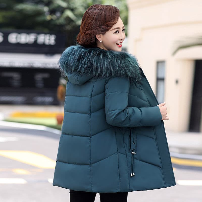 2024 Autumn/Winter New Women's Mid-Length Cotton Coat Winter Warm Peacock Blue Long Sleeve Cotton Jacket with Detachable Fur Collar