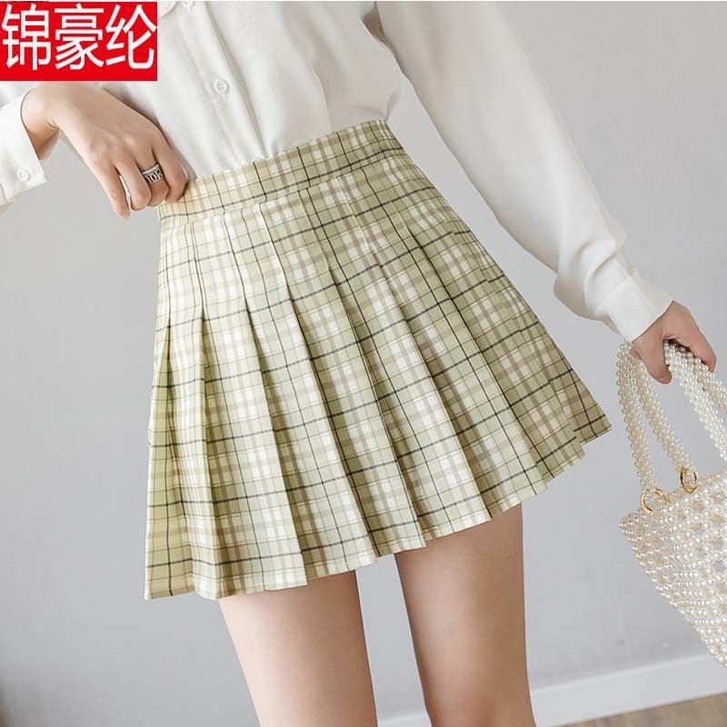 New high-waisted pleated skirt, women's autumn and winter half-length skirt, anti-exposure plaid plus size light green lettering skirt