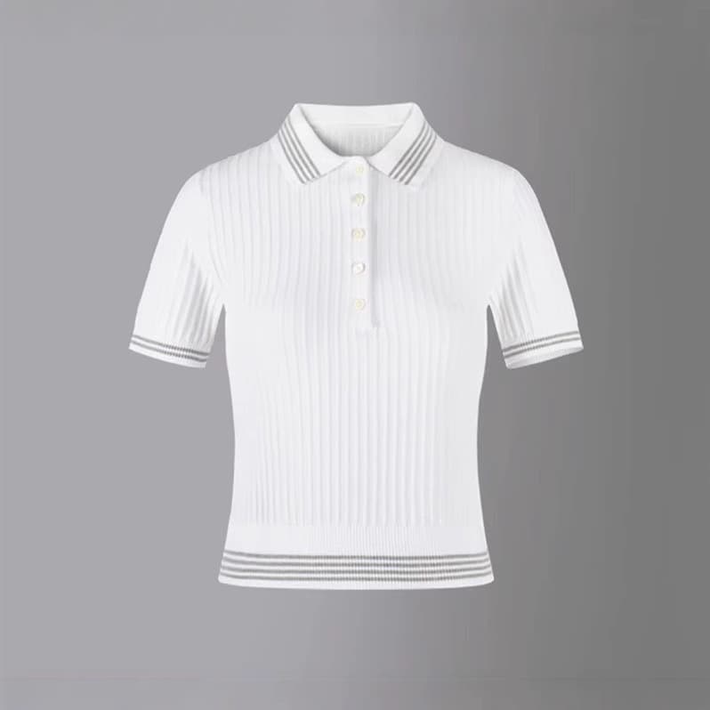 Ribbed Hem Stretch Drape Short Sleeve Polo Shirt TB Women's T-Shirt Spring Summer Knit Top Turn-Down Collar Personality