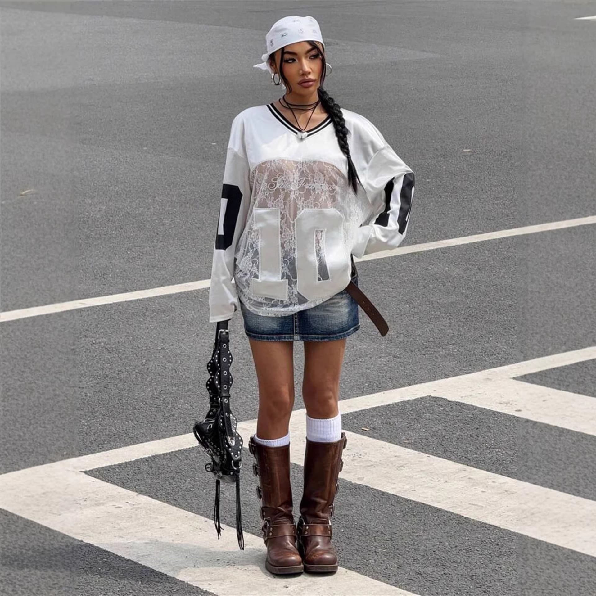 American Street Style Spring/Summer New Women's Clothing Cross-Border Trade Fashion Print Lace See-Through V-Neck T-Shirt