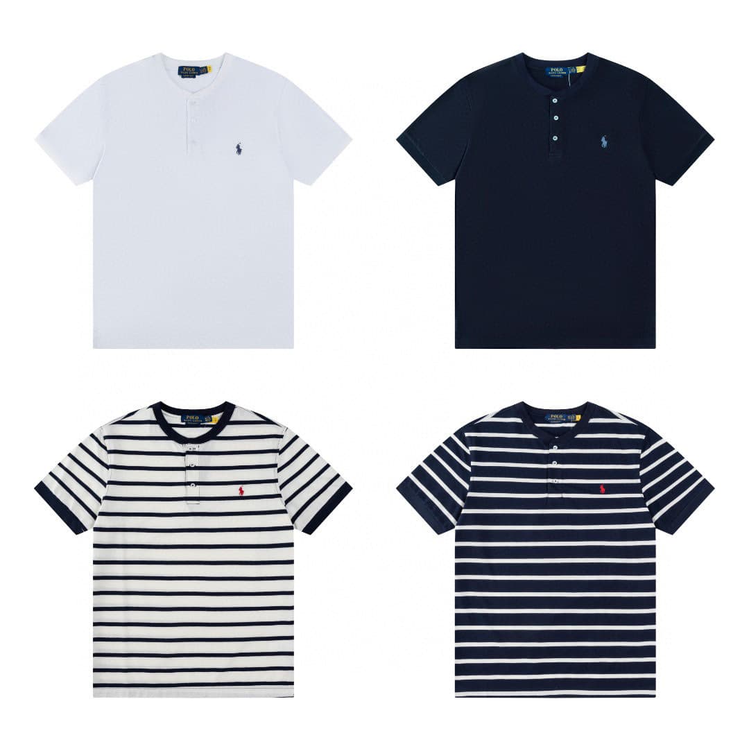 Cross-border RL Raff summer striped open-chest Henry collar short-sleeved T-shirt three-button casual and versatile men's style can be shipped on behalf of