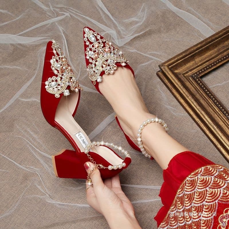 Spring/Summer Chunky Heel Wedding Shoes 2026 New Red for Xiuhu Suit and Wedding Dress Two-Wear Comfortable for Pregnant Women High Heel