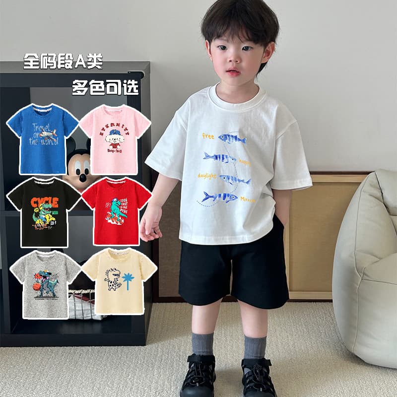 Children's short-sleeved T-shirt boys new summer clothes 2025 baby pure cotton red top boys summer thin half-sleeved