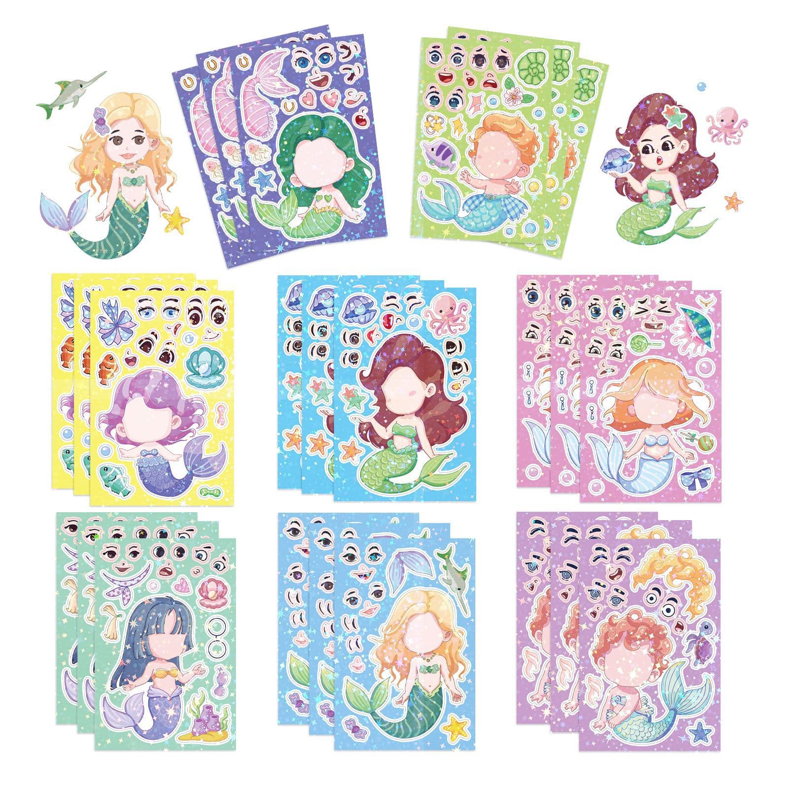 Cross-border Holographic Mermaid Face-Changing Stickers Ins Laser DIY Scrapbook Puzzle Waterproof Cute Cartoon Kids Stickers