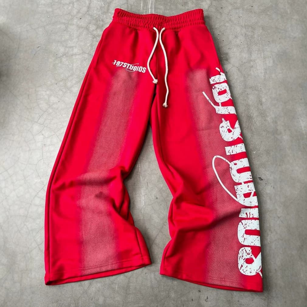 Bright Red Gradient Side Large Letter Print Casual Sweatpants Vintage Washed Unisex Street Pants Wholesale