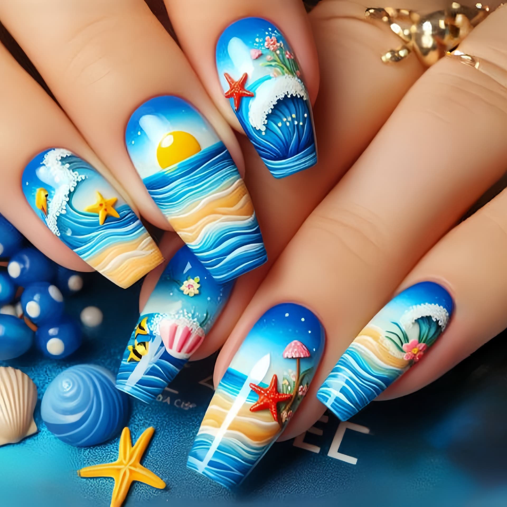 Mid-length nail stickers Press-on fake nail stickers Blue ocean beach sunset pattern manicure stickers