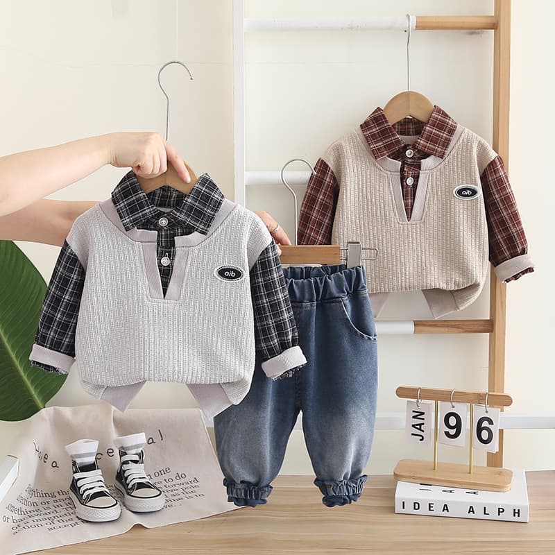 Baby Fall Outfit Set for Boys 2025 New Style Plaid Two-Piece Toddler Kids Autumn Clothing, Trendy