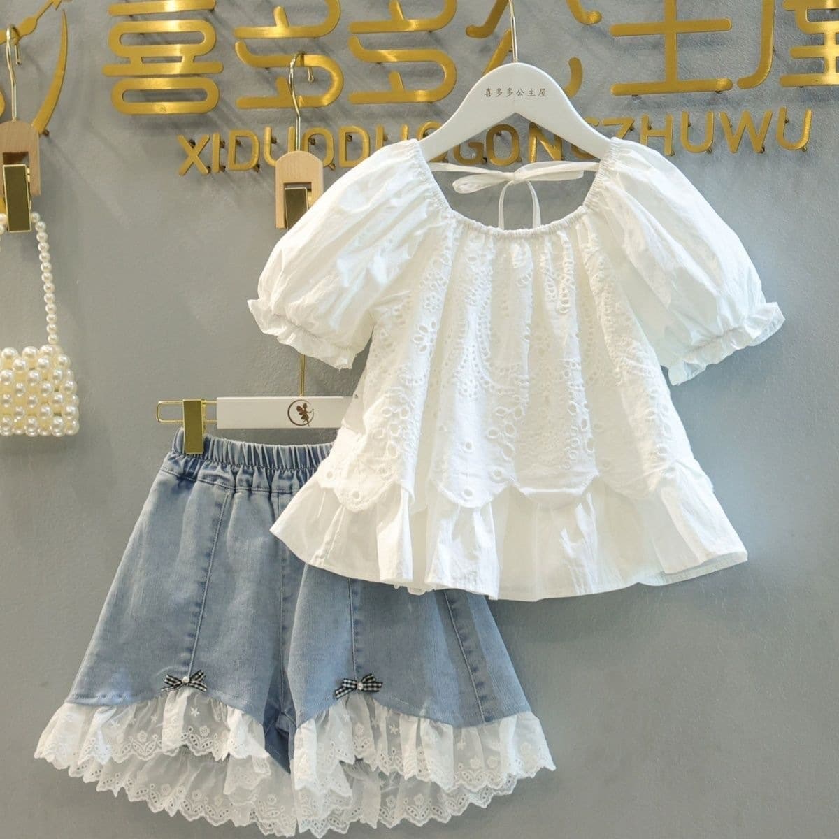 Girls Summer French Style Set 2026 New Girls Doll Shirt Short Sleeve Versatile Denim Shorts Two-Piece Set