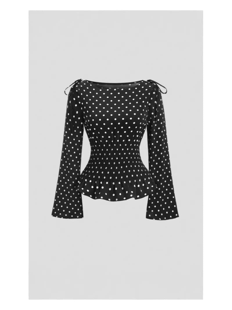 2026 Spring New Arrival Polka Dot One-Shoulder Long-Sleeve Blouse for Women, Waist-Tightening Flared Sleeve Design Top
