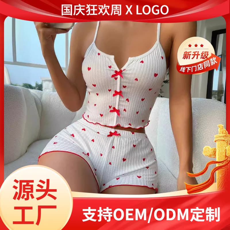 Sexy Bow Multi-Color Print Milk Silk Loungewear Set Women's Pajamas Nantong Set for Amazon Europe