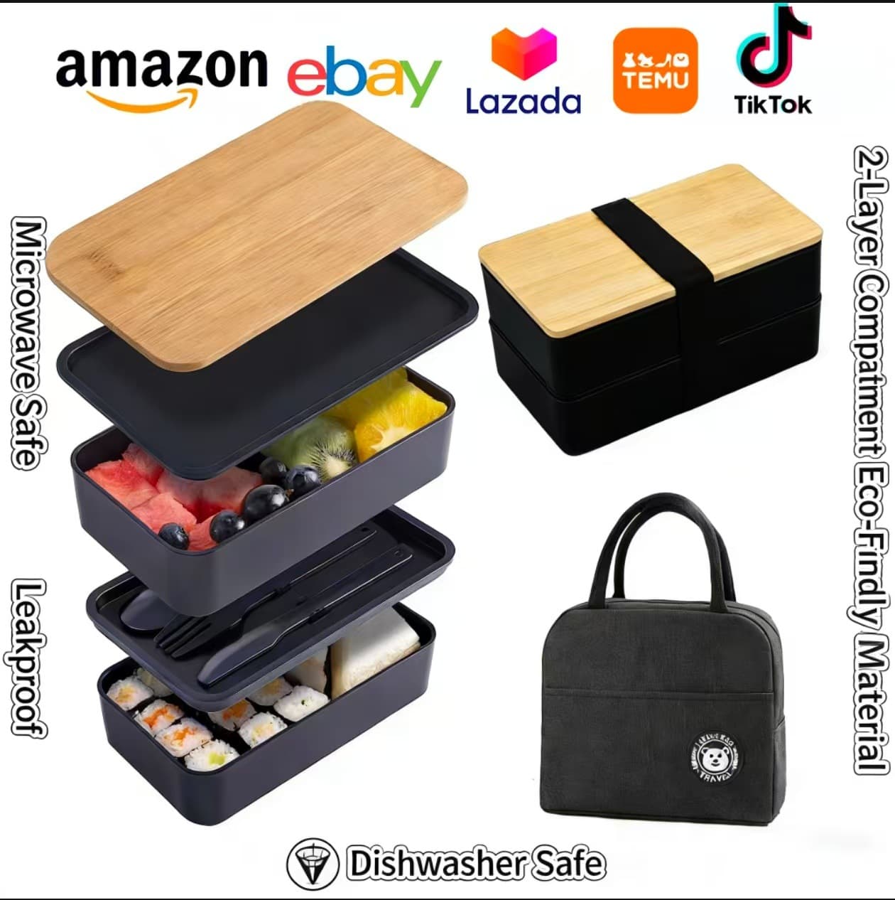 Cross-Border Lunch Box with Bamboo Lid, Partitioned, Large Capacity, Microwave-Safe, Insulated Bento Box for Students and Office Workers